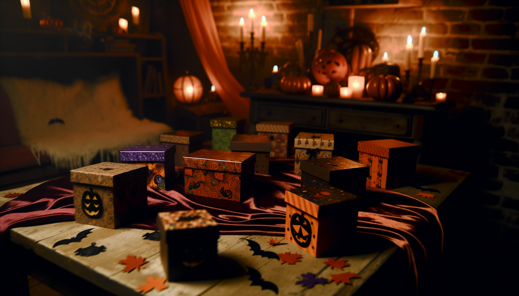 Halloween-themed gift boxes on a rustic table create festive care package ideas.