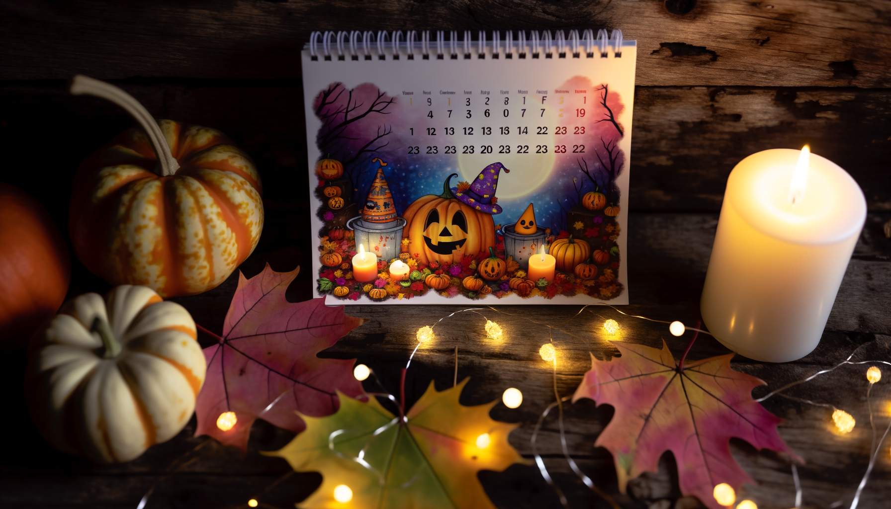 Halloween Countdown Printable calendar with pumpkins, candles, and fairy lights for creating magic.