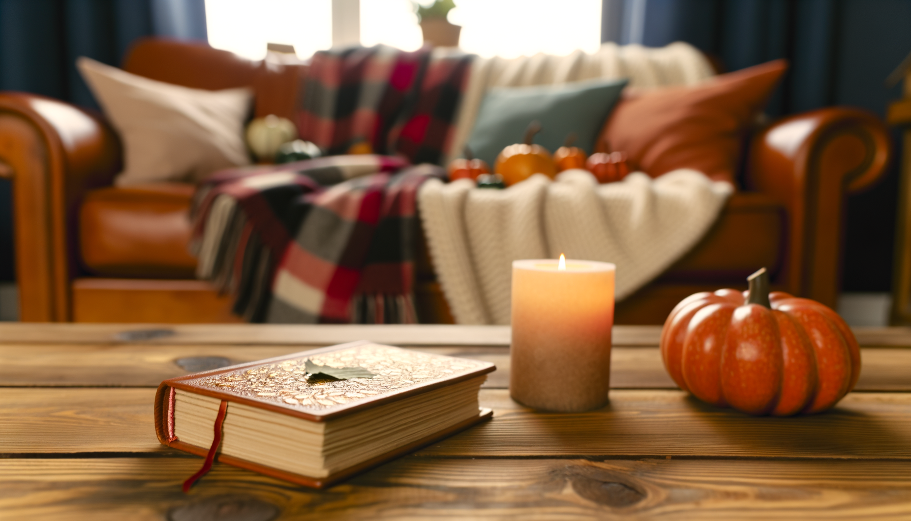 Halloween Gratitude Journal. Cozy autumn living room with journal, pumpkin decor, and candlelight for Halloween gratitude.