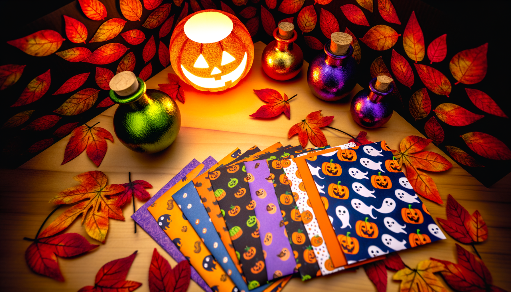 Halloween Email. Whimsical Halloween-themed desk setting with jack-o'-lantern, envelopes, and potion bottles.