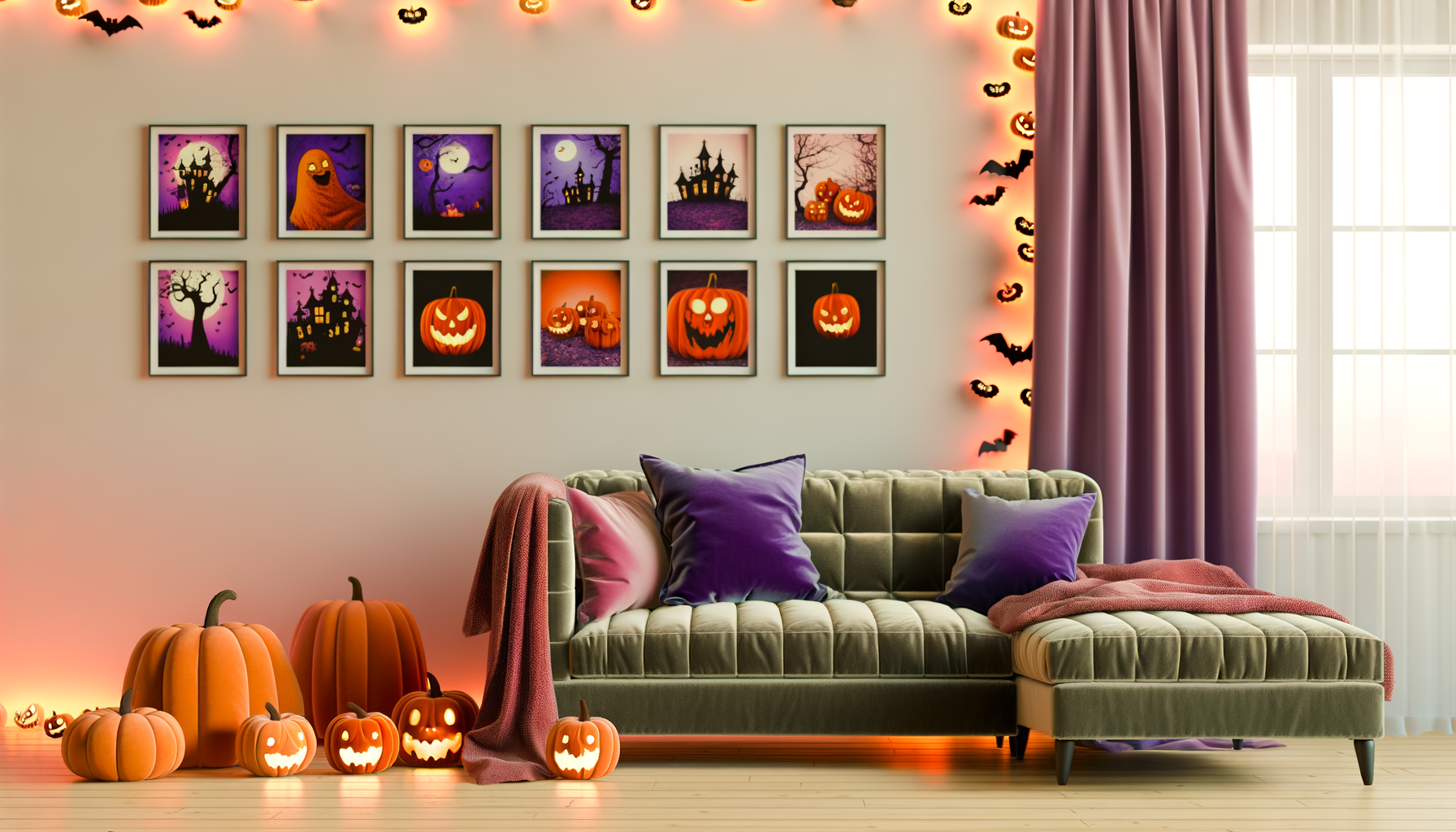 Halloween Wall Art Printables. Halloween-themed gallery wall printables transform cozy living room into festive haven.