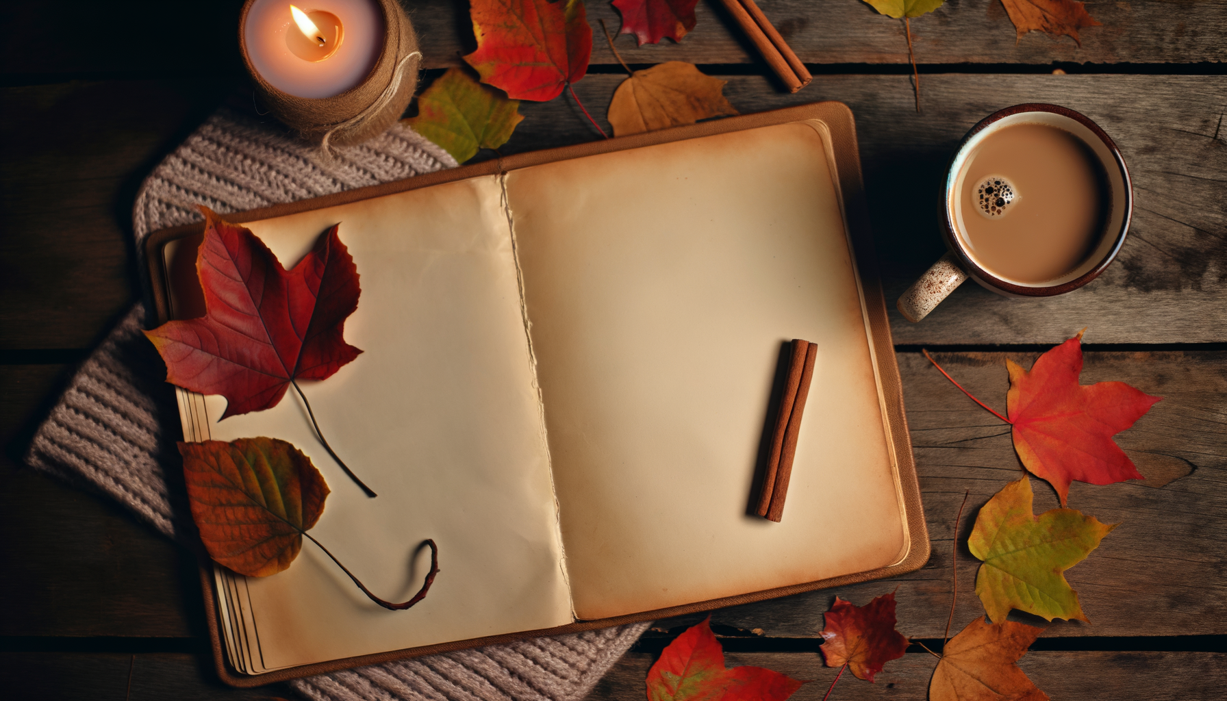Cozy fall journaling scene with vintage journal, leaves, coffee, and candle.