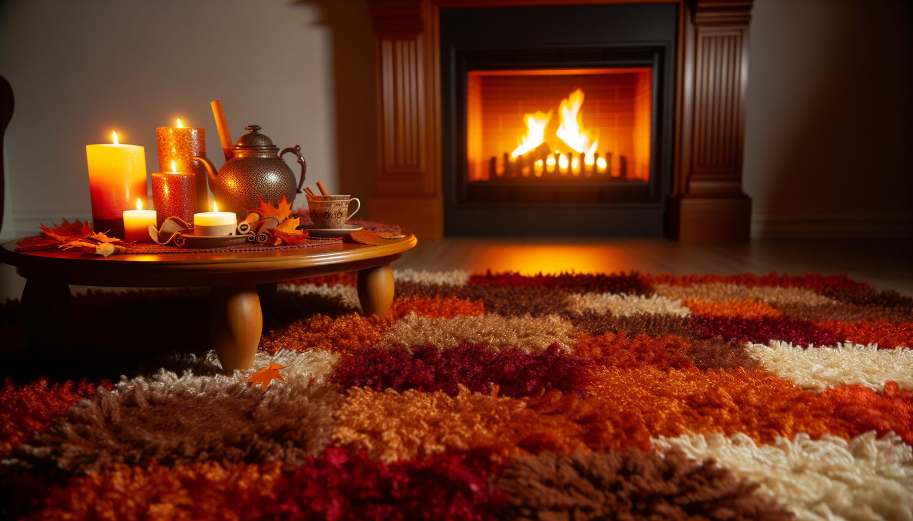 Cozy autumn living room with fireplace, candles, leaves, and teapot for fall night vibes.