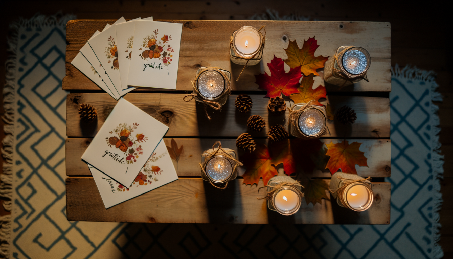 Printable gratitude cards surrounded by fall elements, creating cozy Thanksgiving atmosphere.