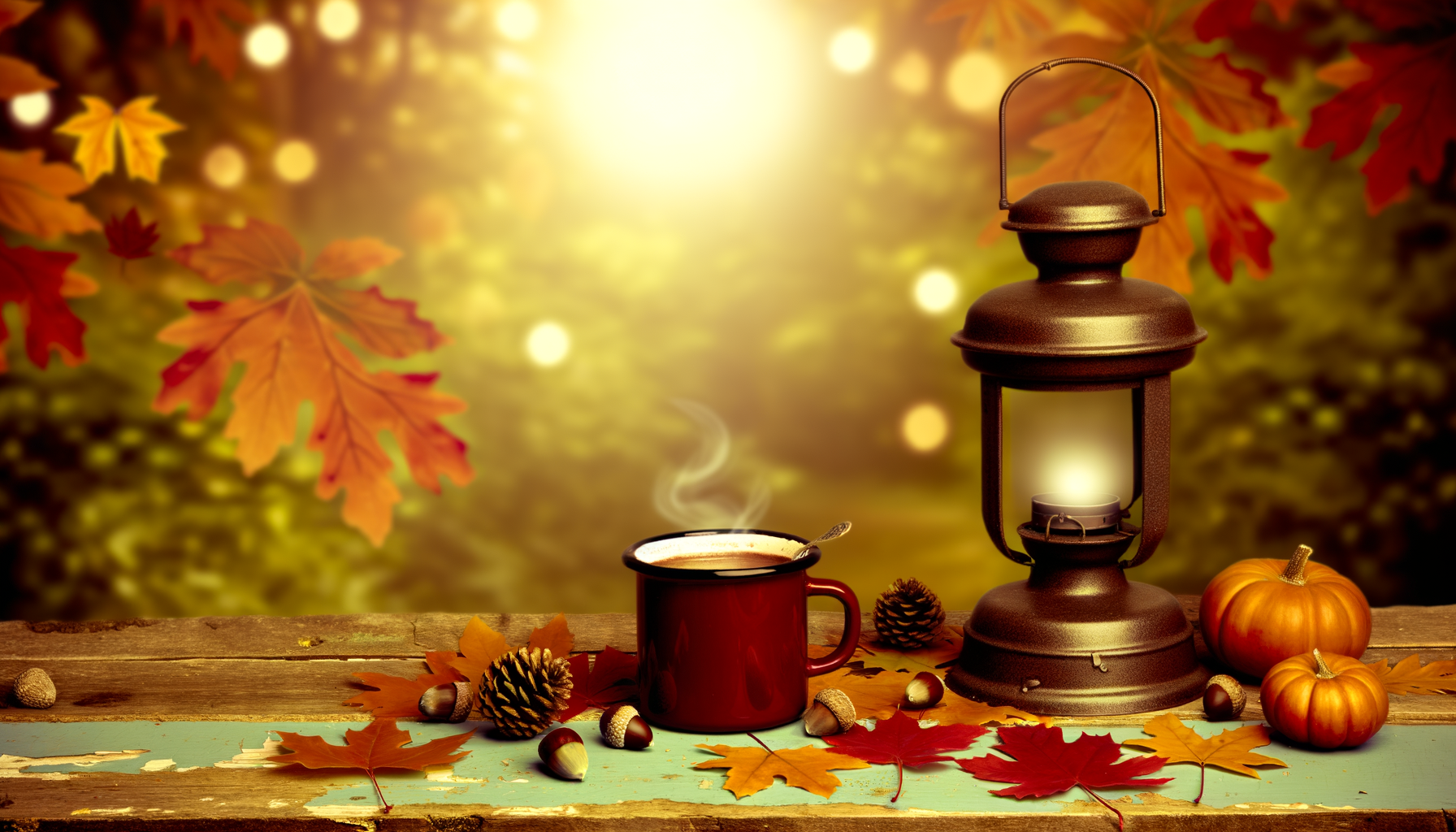 2025 fall aesthetic moodboard with autumnal decorations and steaming cocoa mug on wooden table.