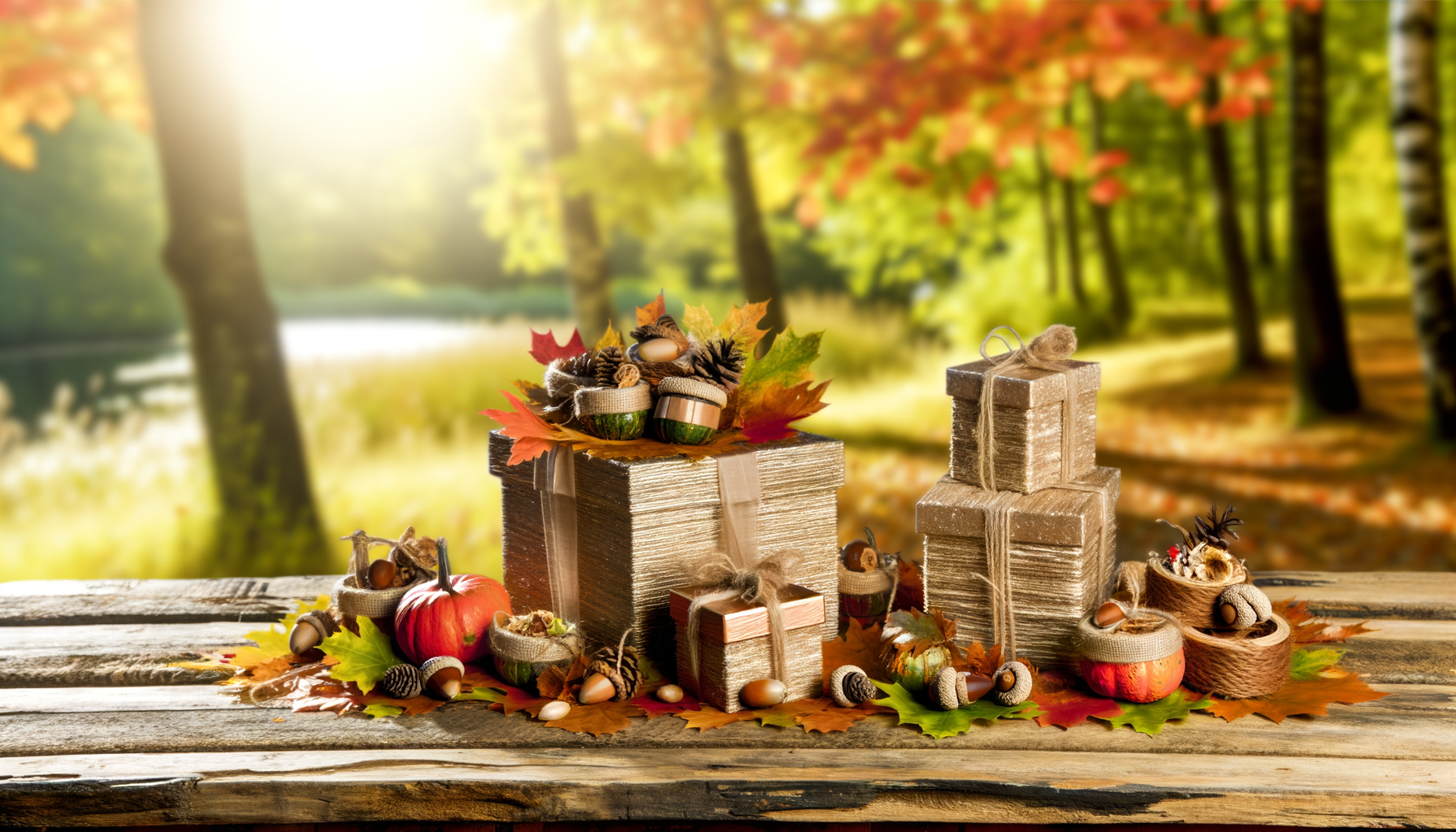 Emotional reset Cozy autumn scene with wrapped gift boxes, leaves, acorns. Embrace seasonal energy.