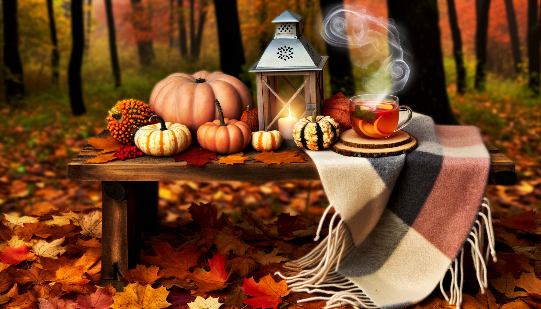 Autumnal table setting with pumpkins, lantern, cider, and blanket in forest.Fall bucket list.