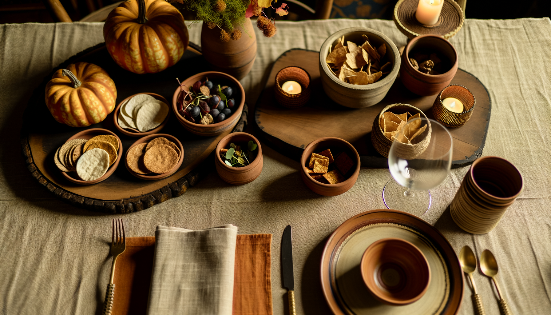 Thanksgiving host gift table set up with autumn-themed decor and gourmet treats for hosts.