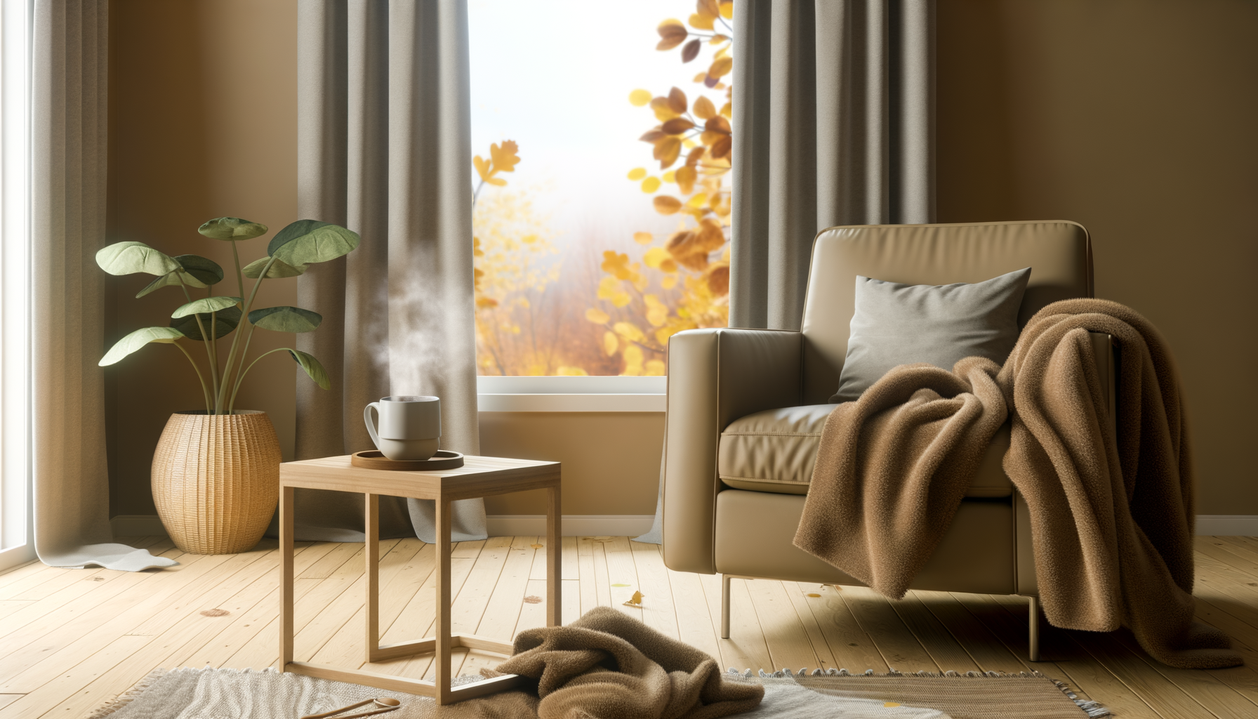 Cozy fall living room with blankets, tea, and golden leaves bringing warmth and wellness.Self care checklist.