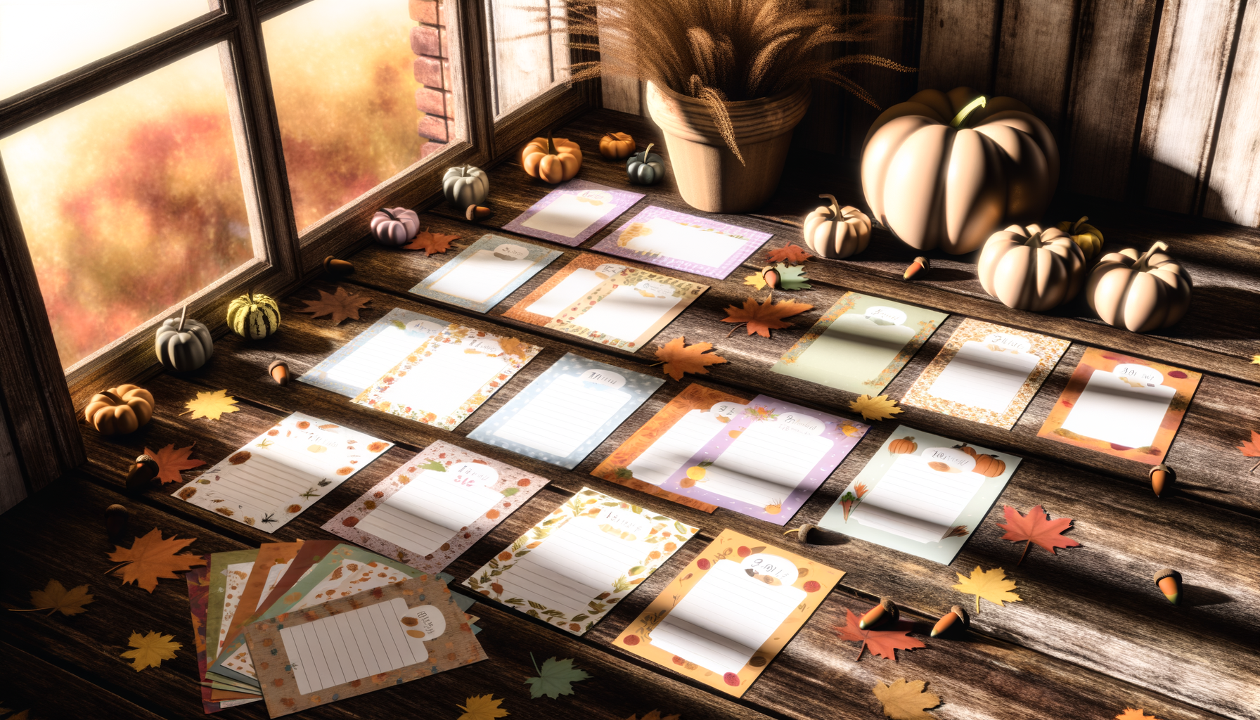 Autumn-themed printable fall planner pages on rustic table, perfect for fall organization and memories.