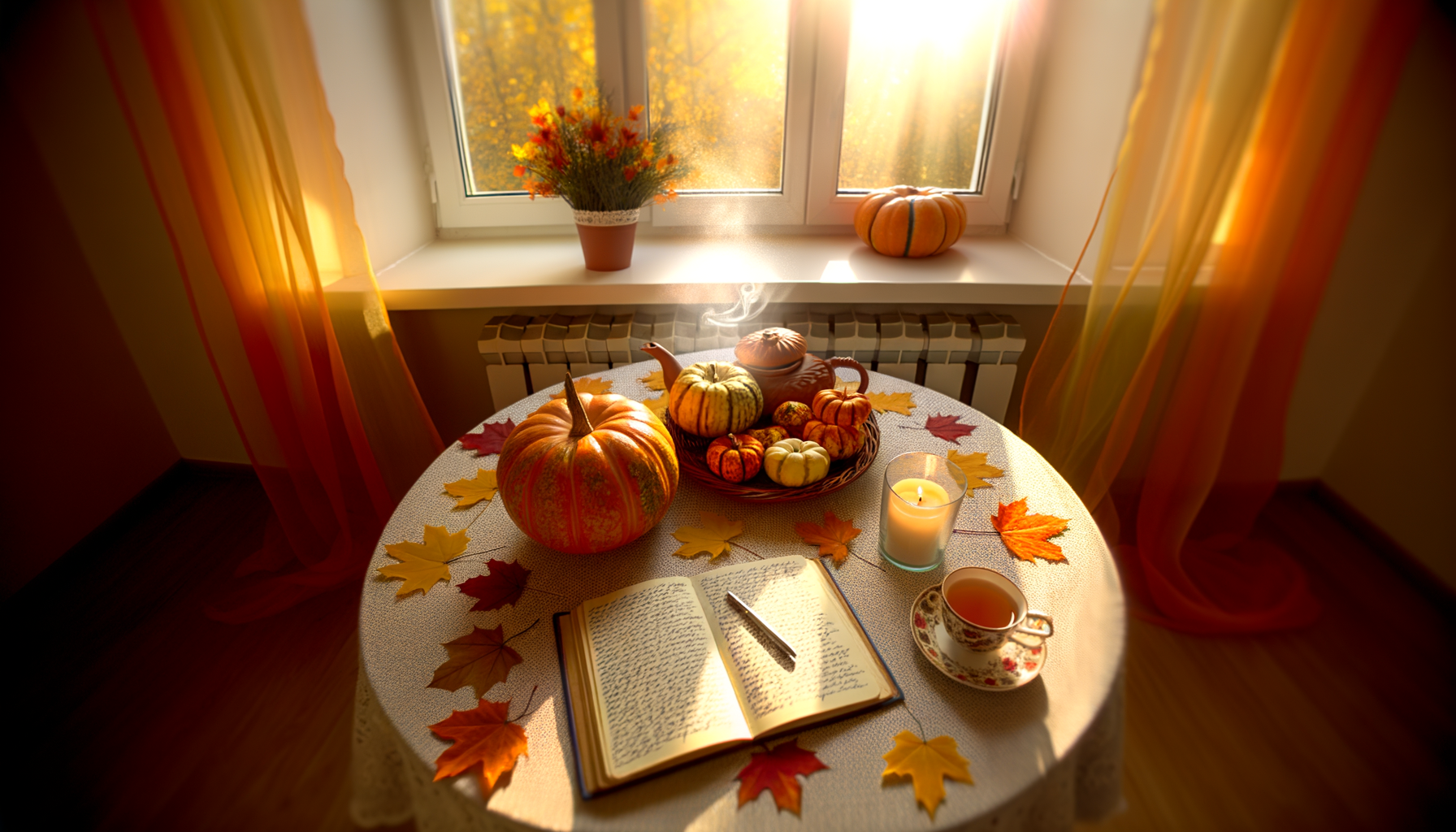 Inviting autumn table setting with journal, pumpkins, tea, candle, and fall foliage.Fall reflection