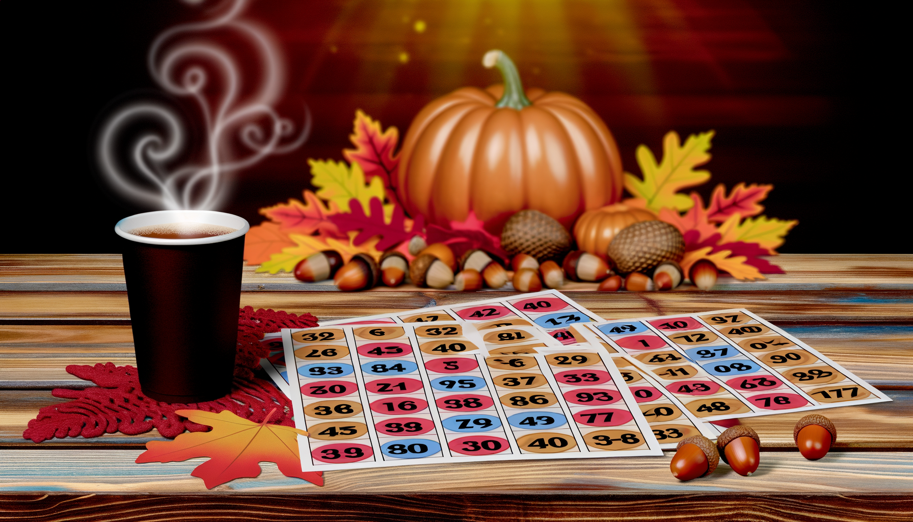 Vibrant fall bingo printables on rustic table evoke festive family fun atmosphere.