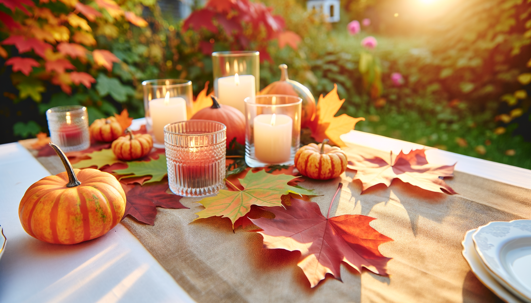 Cozy fall conversation starters outdoor table setting with candles, pumpkins, and vibrant foliage for inspiration.