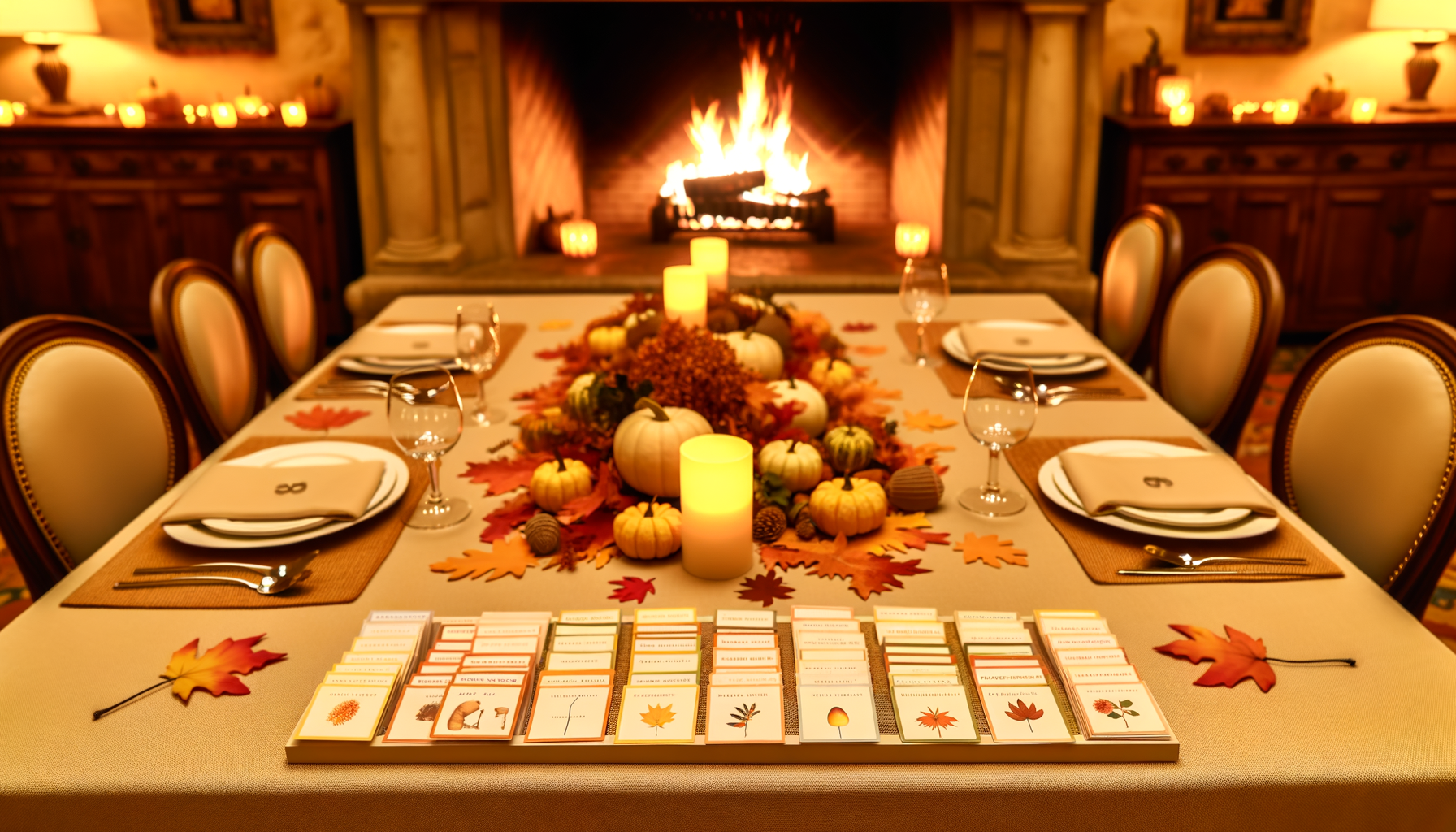 Fall trivia printables cards on a cozy, autumn dinner table for family gatherings.