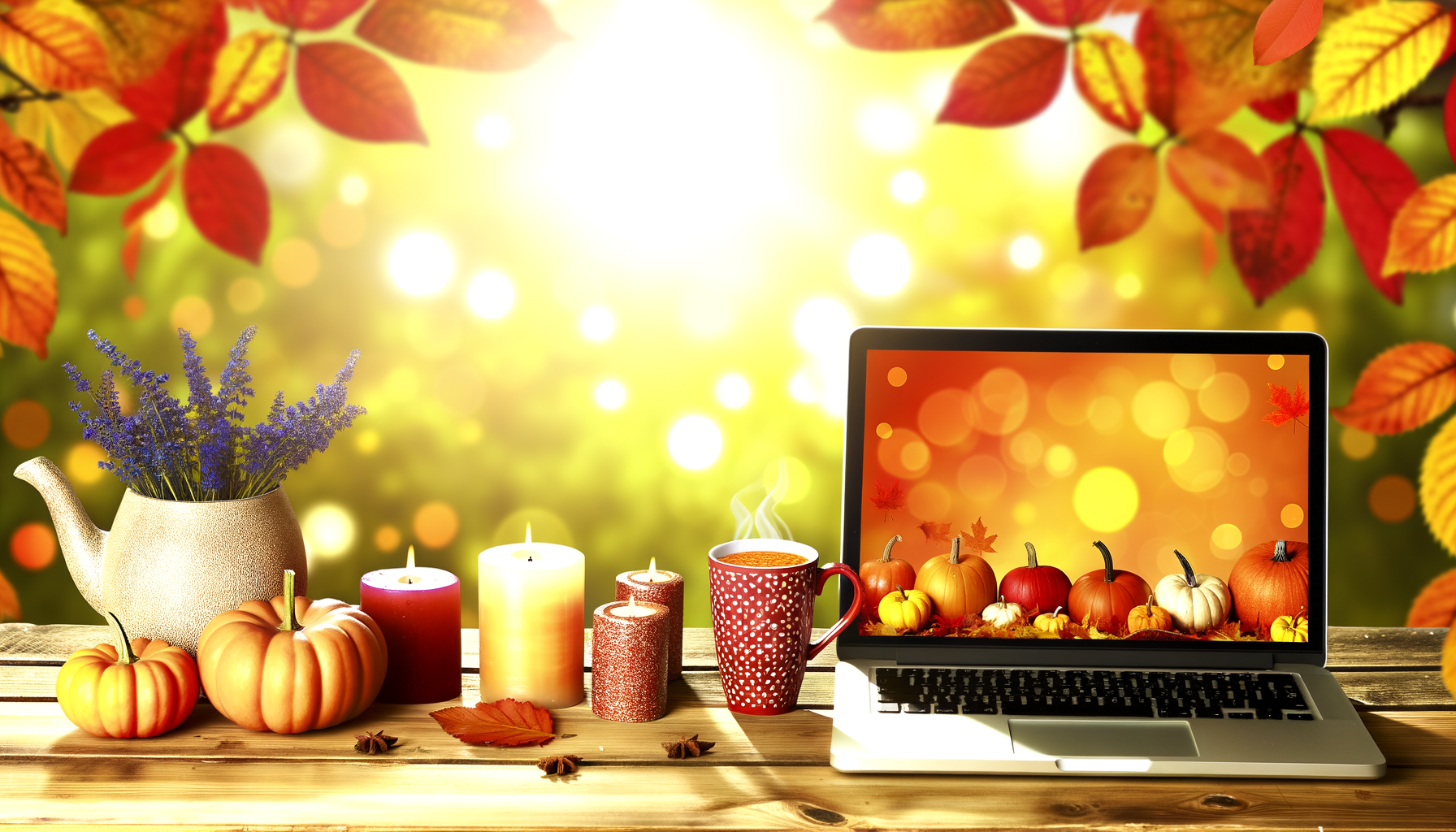 Fall digital download tools on organized desk with fall decor and laptop.