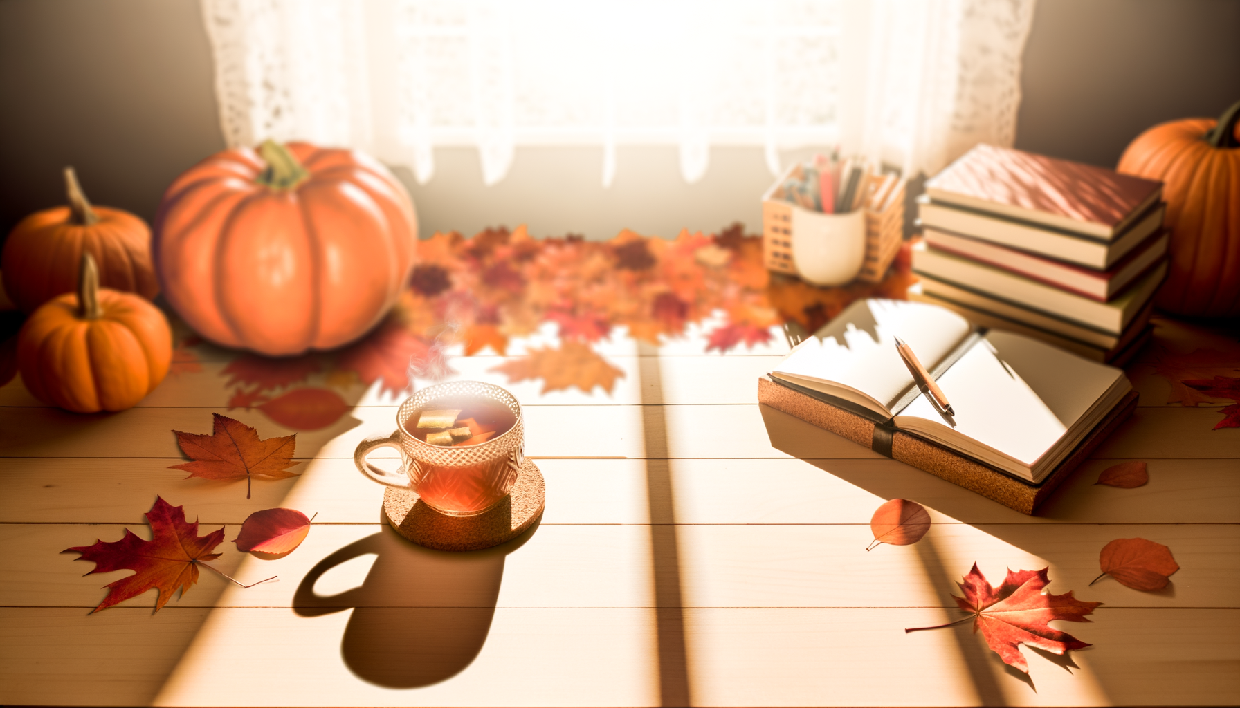 Cozy autumn workspace with spiced tea, notebooks, and pumpkin; fall wallpaper inspiration.