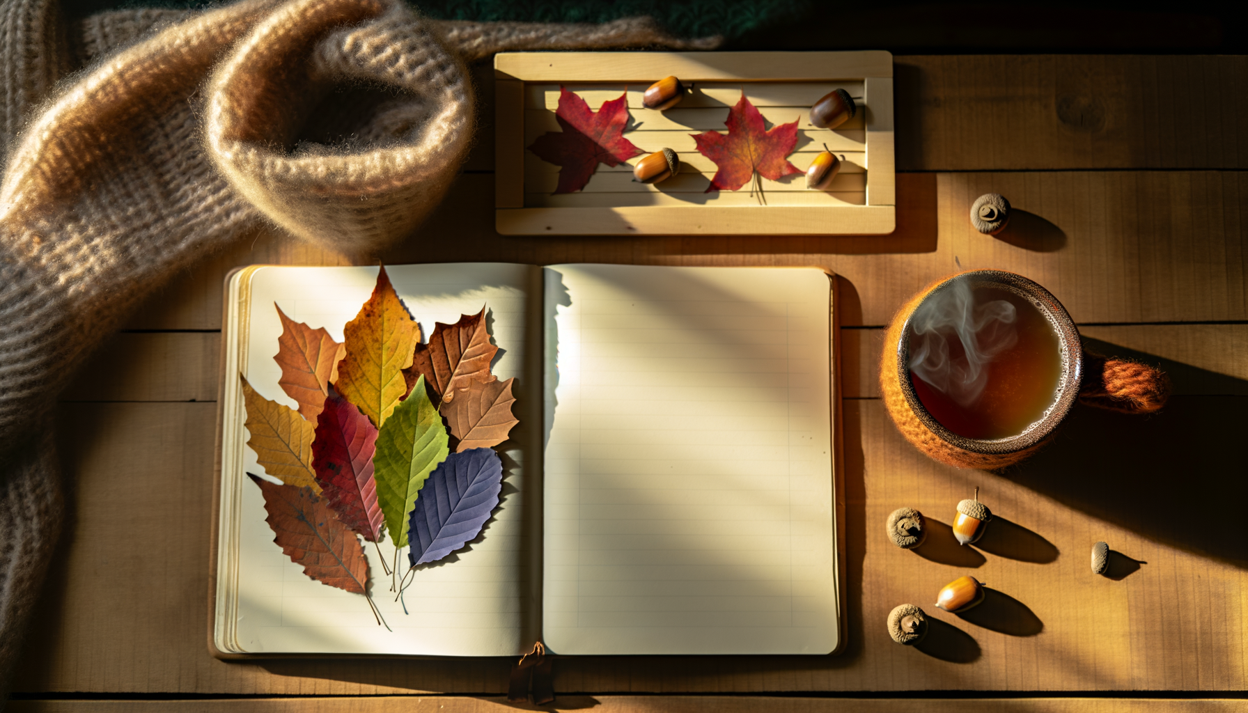 Cozy fall gratitude journal surrounded by leaves, tea, acorns, scarf.