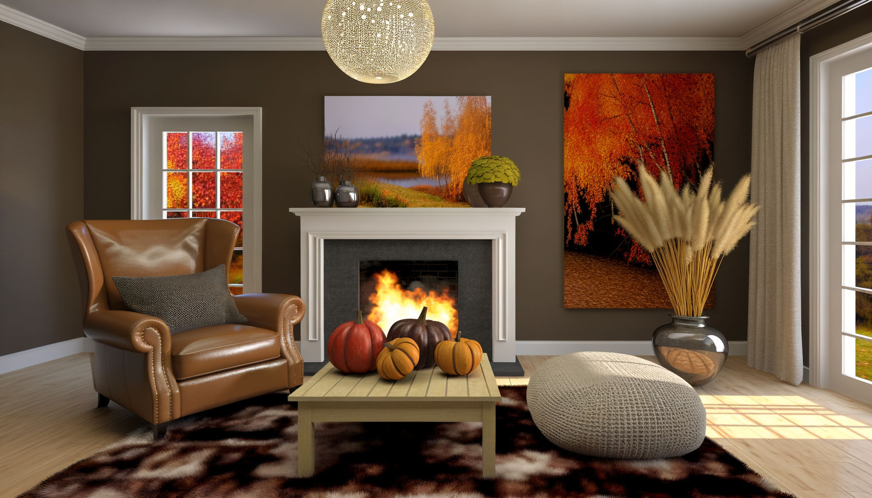 Cozy autumn themed living room with fireplace, blankets, pumpkins, and fall foliage.Fall Date Ideas