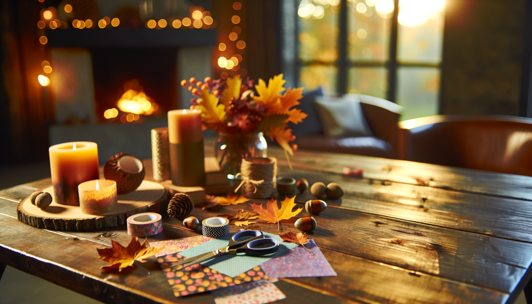 Cozy autumn-themed workspace with rich fall decor enhances vision board creativity.