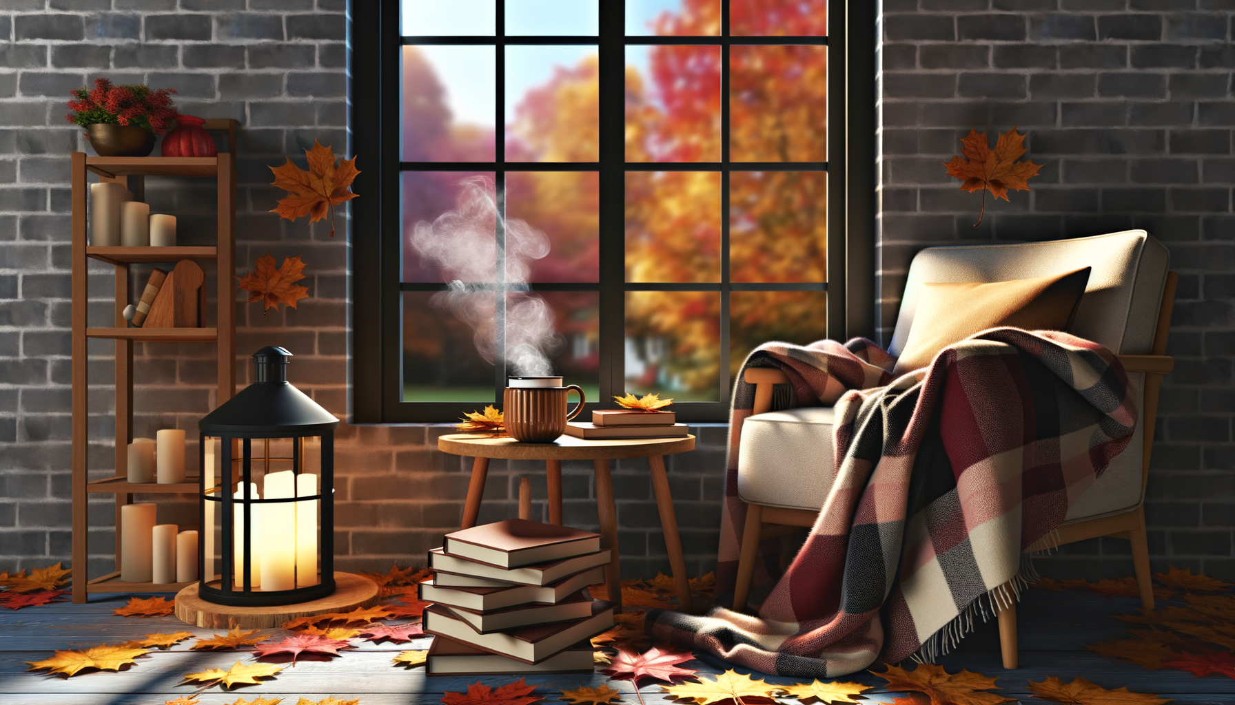 Cozy fall reading list & nook with plaid blanket, tea, books, lantern. Perfect for autumn.
