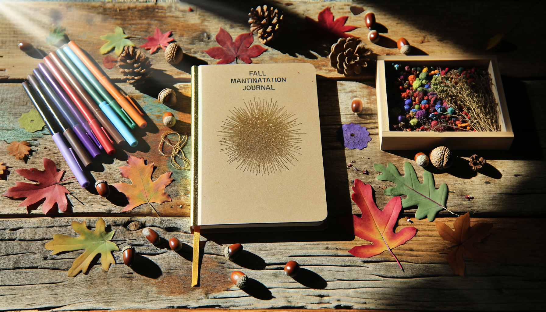 Cozy fall manifestation journal surrounded by autumn elements on wooden table.