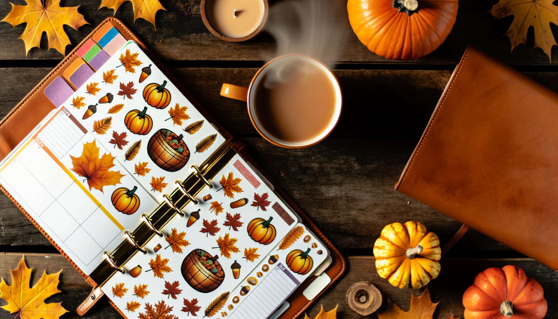 Autumn-themed planner stickers with cozy fall vibes for organizing enthusiast's desk.