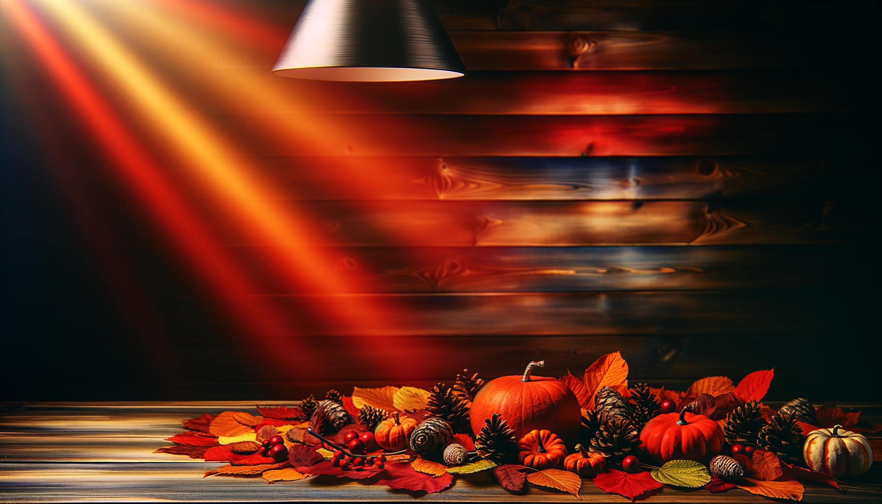 Cozy fall crafts: vibrant leaves, pinecones, decorative pumpkins on rustic table.