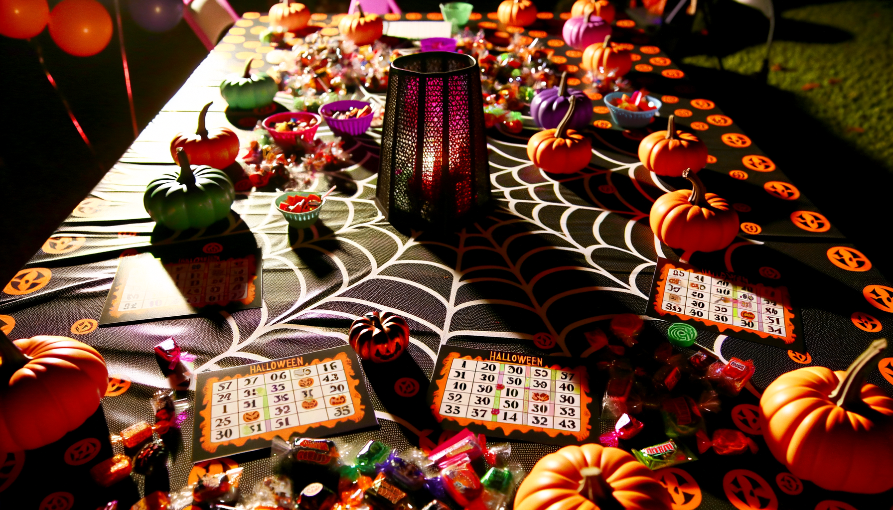 Colorful Halloween party table with bingo cards and festive decor for spooky celebration.
