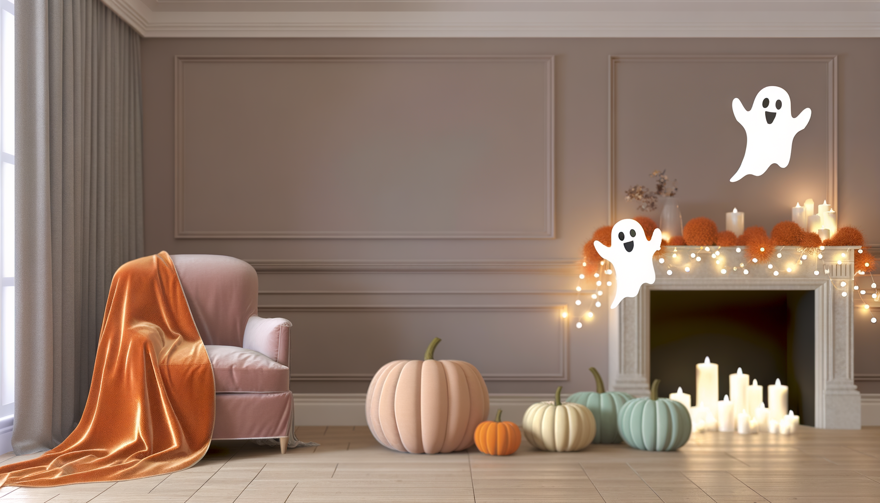 Cozy Halloween living room decor with pastel pumpkins, ghost garland, warm ambiance.