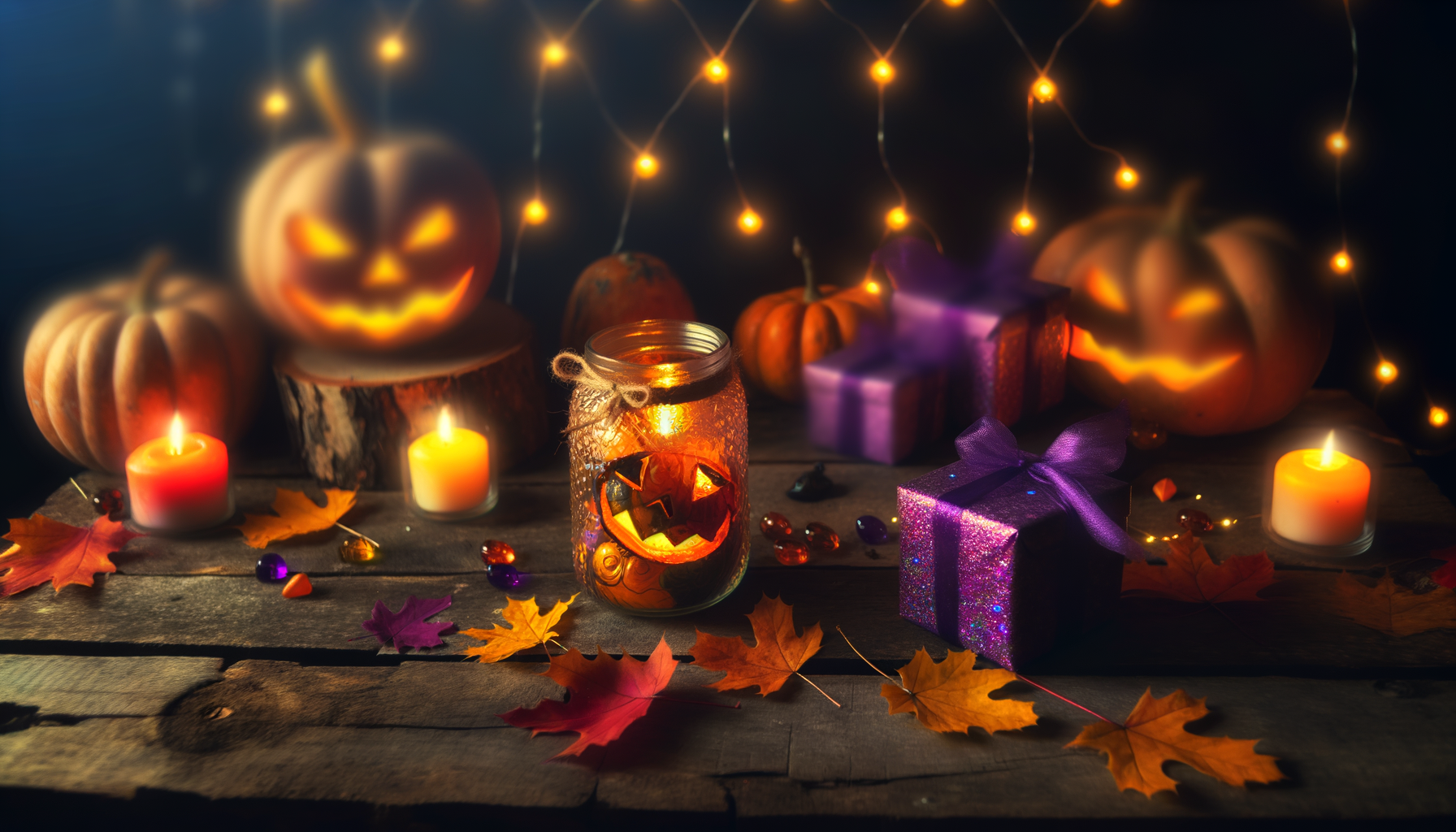 Enchanting Halloween gifts spread on rustic wooden table with pumpkins and candles.Halloween gift ideas for friends