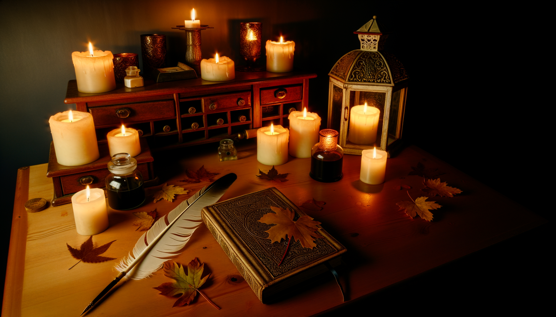 Cozy fall journaling setup with candles, leaves, and vintage details for Halloween inspiration.
