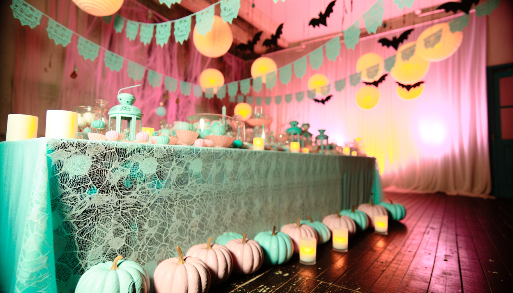 Pastel Halloween celebration room with pink pumpkins, mint green decor, and subtle lighting.Pastel Halloween moodboard
