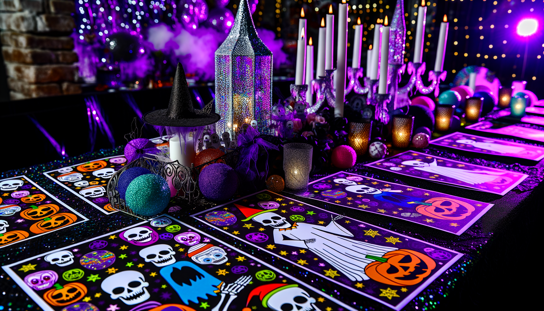 Halloween party table with vibrant printables, candles, cobwebs, fairy lights.