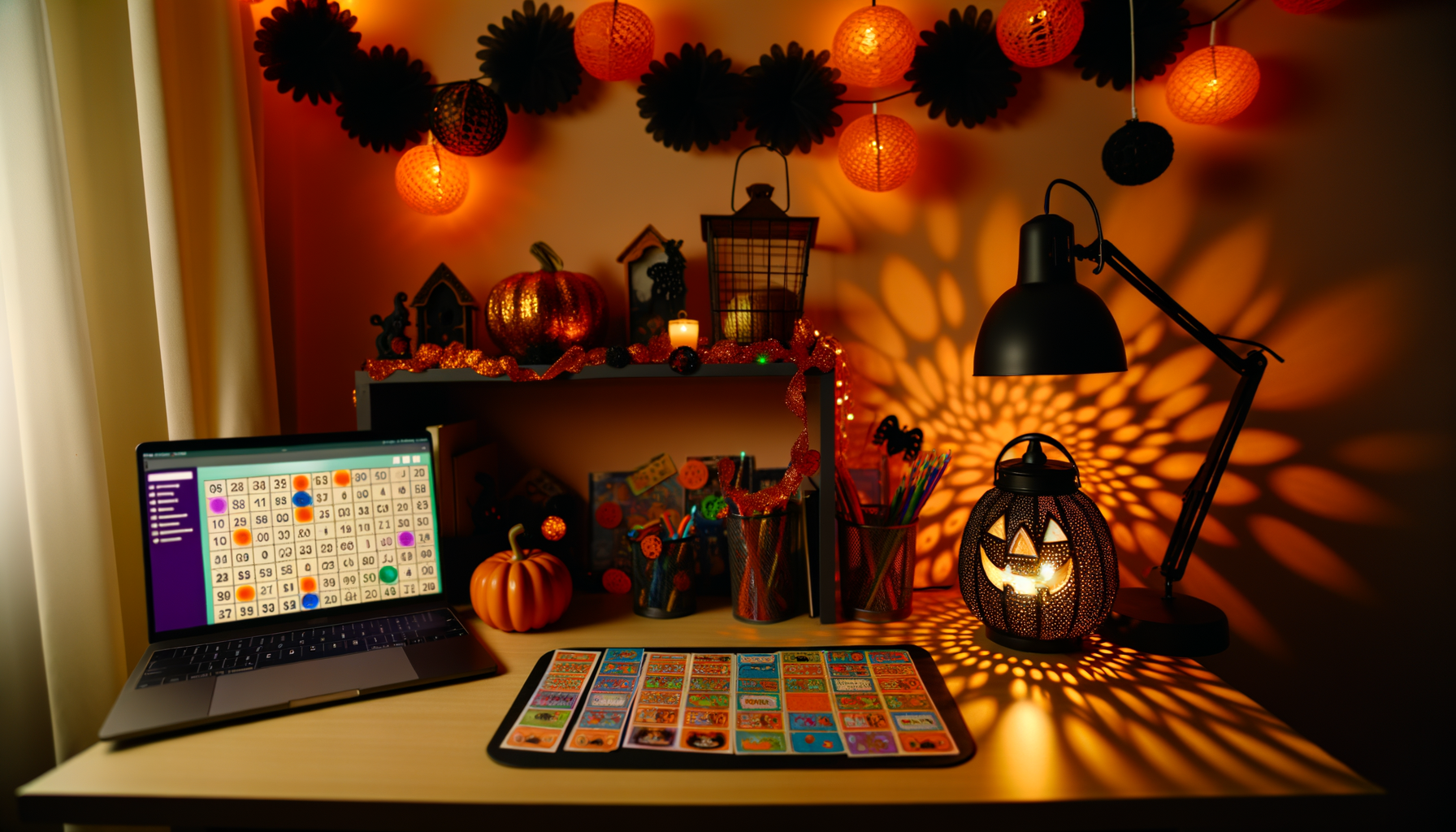 Spooky Halloween-themed home office setup with bingo cards for virtual team-building.