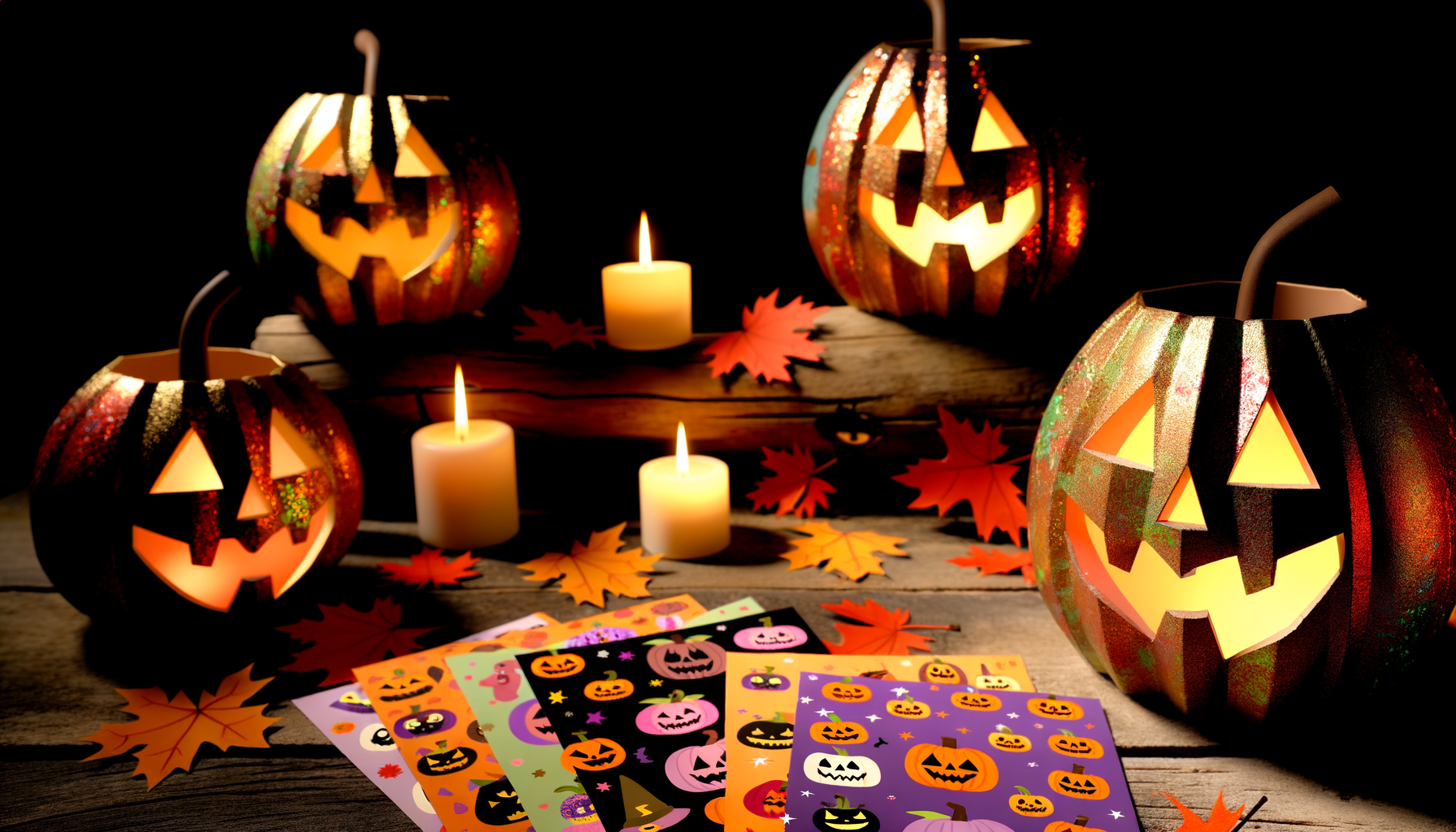 Halloween-themed printable cards displayed on rustic desk with autumn decor.Printable Halloween.
