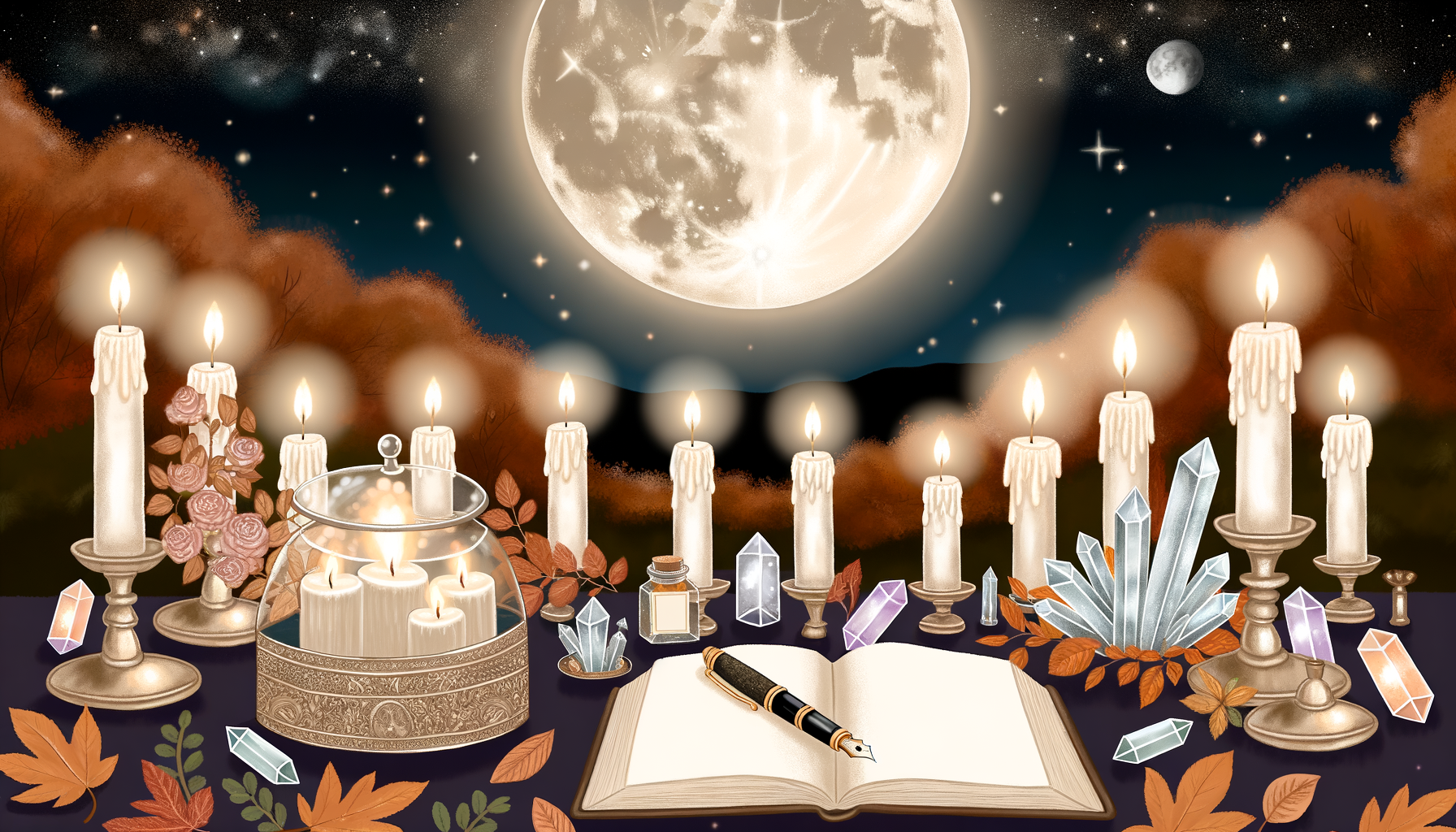 Magical moonlit altar with candles, crystals, journal, herbs, and leaves for self-care rituals.