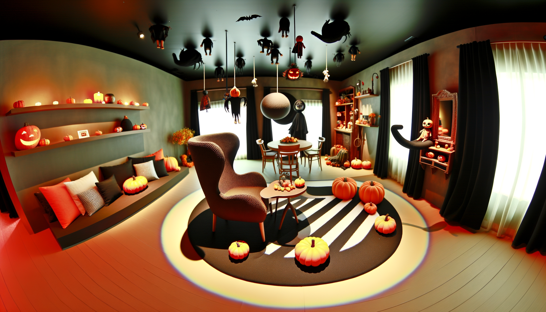 Whimsical Halloween living room decor with pumpkin chair, fairy lights, playful decorations.Halloween Trends.