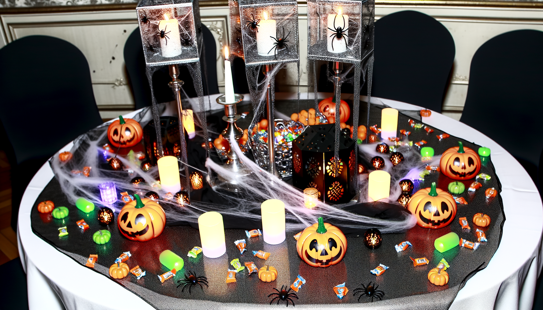 Elegantly decorated Halloween party table with pumpkin centerpieces, candle lanterns, and colorful candy. Halloween Conversation Starters.