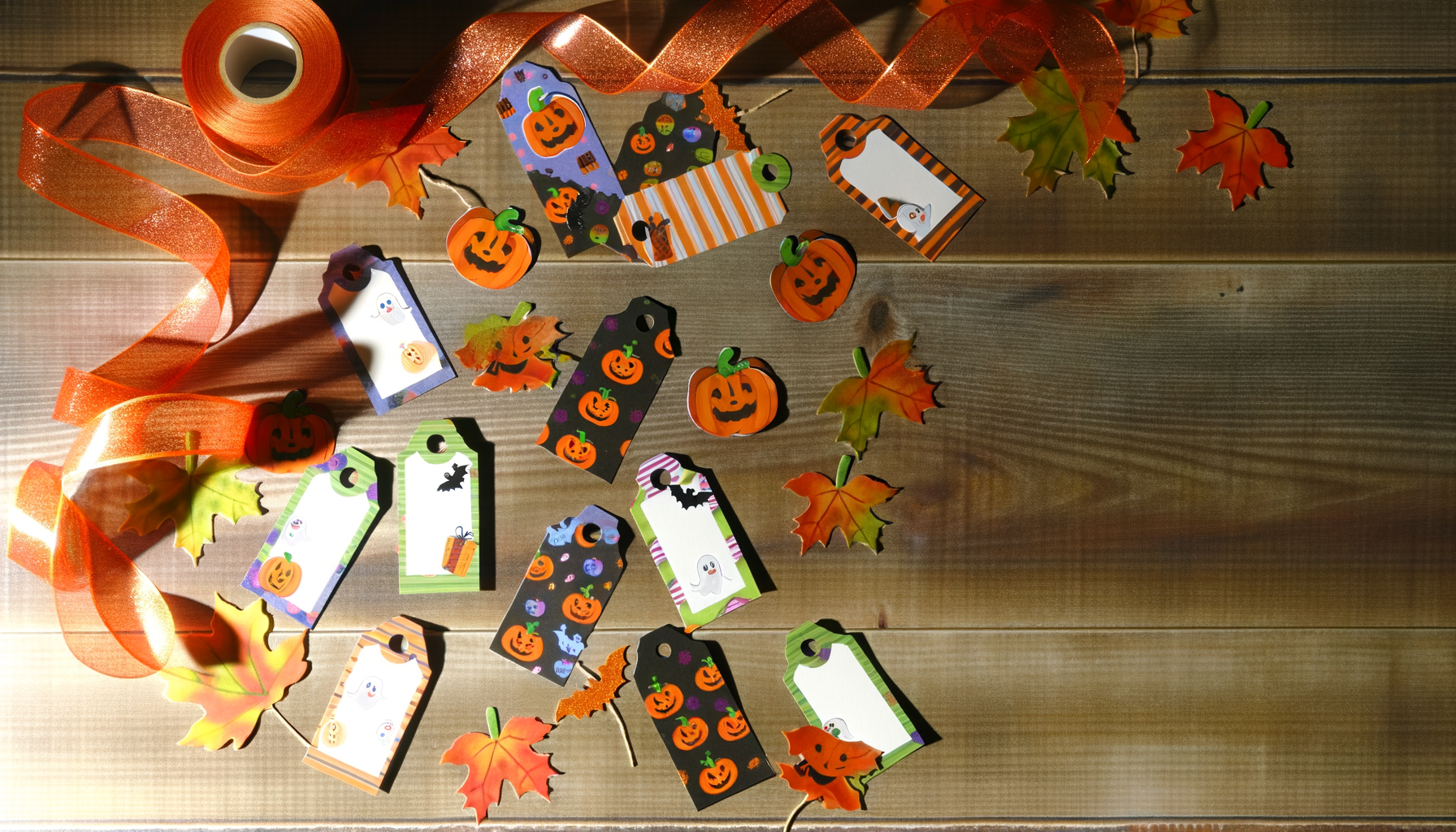 Colorful Halloween gift tags with pumpkins, ghosts, and candy on wooden surface.
