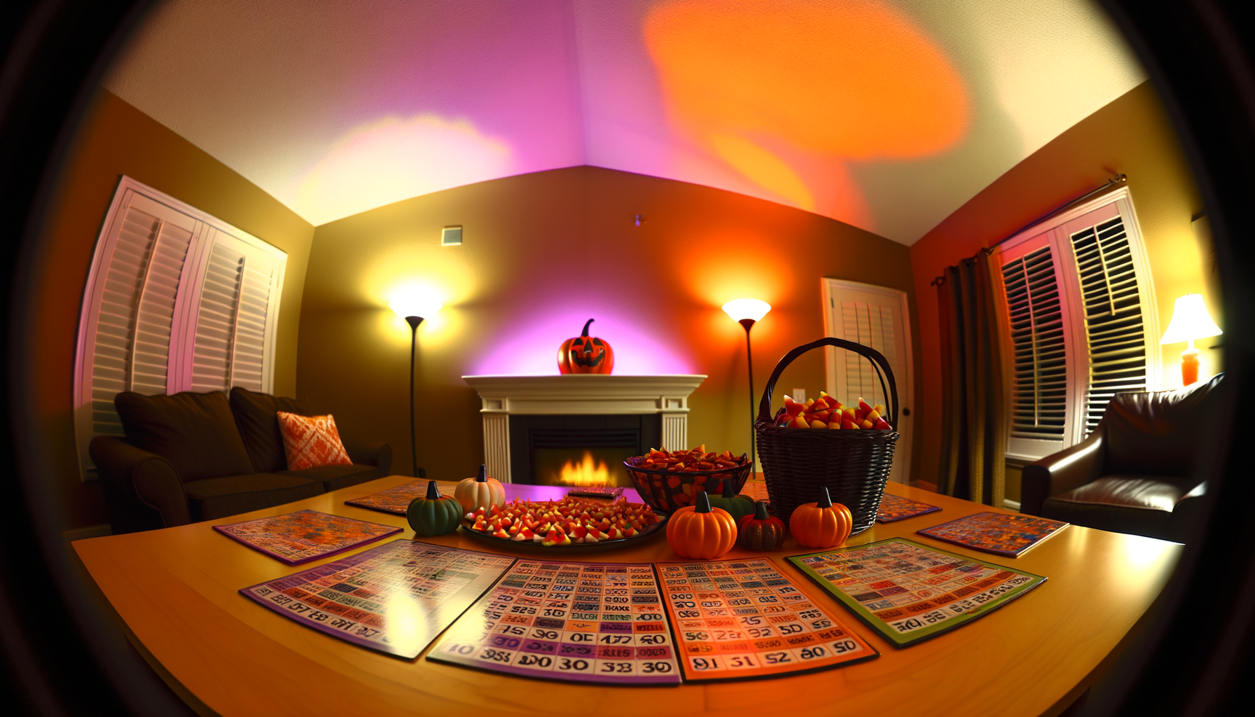 Halloween Bingo setup with cards, candy, and pumpkins in cozy living room.