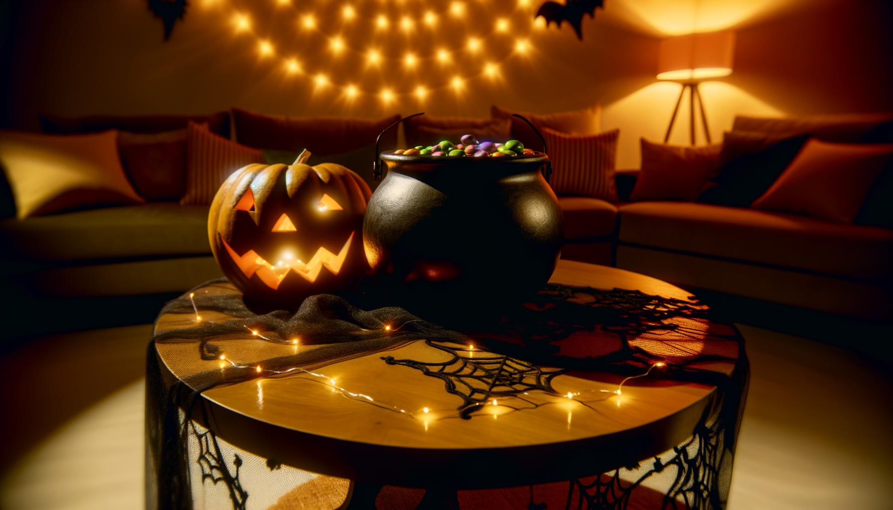Whimsical Halloween decorations with pumpkin, cauldron, candies, and spiderweb lace tablecloth.Halloween Jokes.