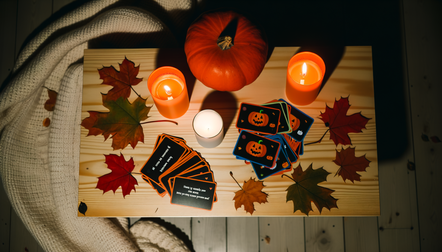 Halloween trivia printables for family fun: cards, pumpkins, candlelight, cozy blanket.