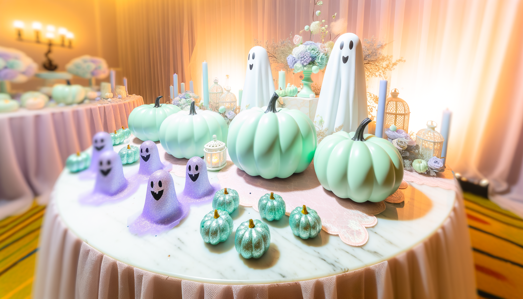 Enchanting pastel Halloween setup with mint green pumpkins and lavender ghosts on marble table.