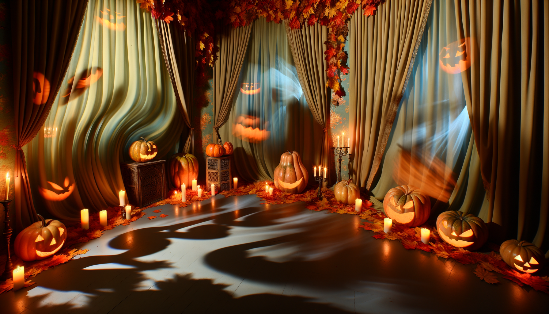 Vintage Halloween-themed room with candlelight and pumpkins, setting cozy romantic atmosphere. Halloween Love Notes.