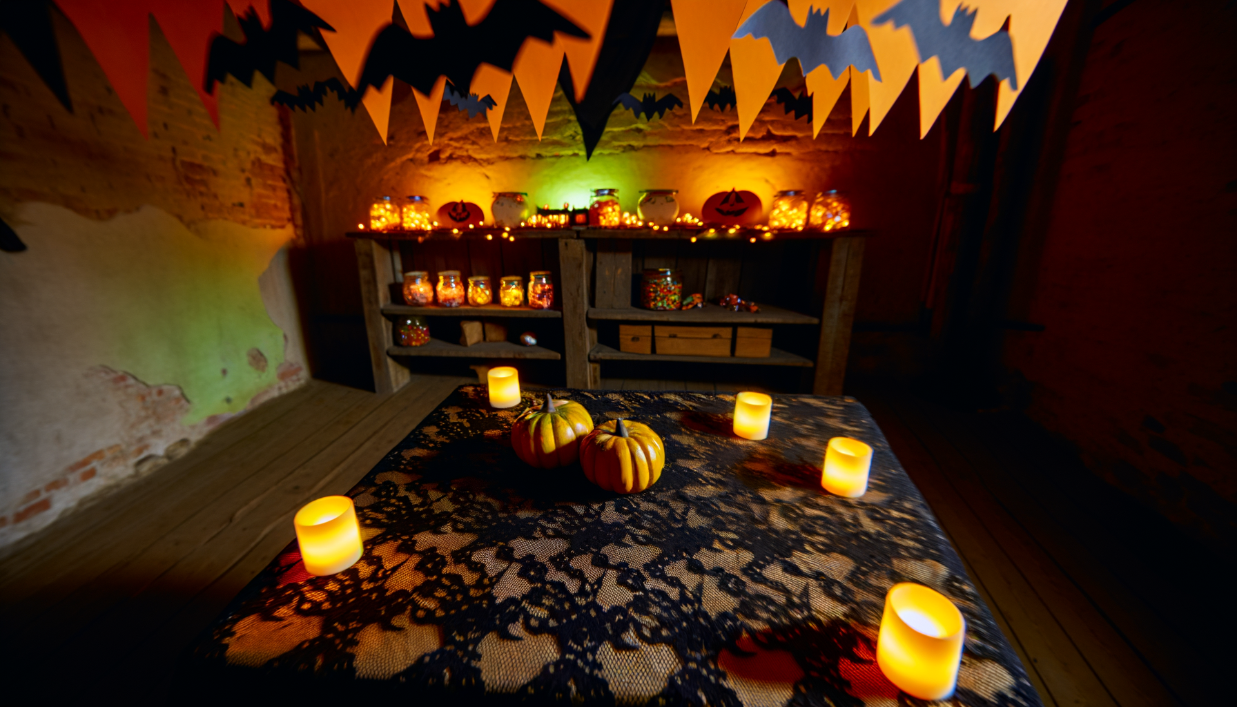 Cozy DIY budget Halloween decorations with painted pumpkins and paper bats for budget-friendly magic.