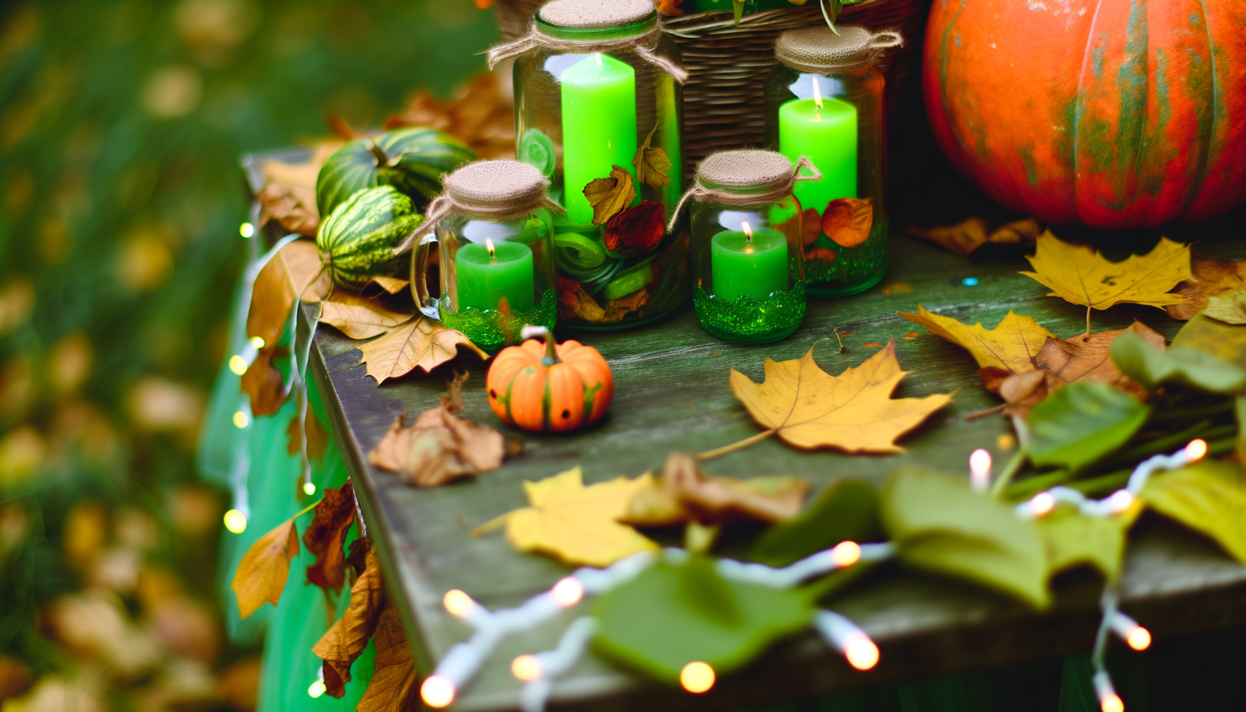 Eco-friendly Halloween tablescape with upcycled glass jars, pumpkins, and fairy lights.