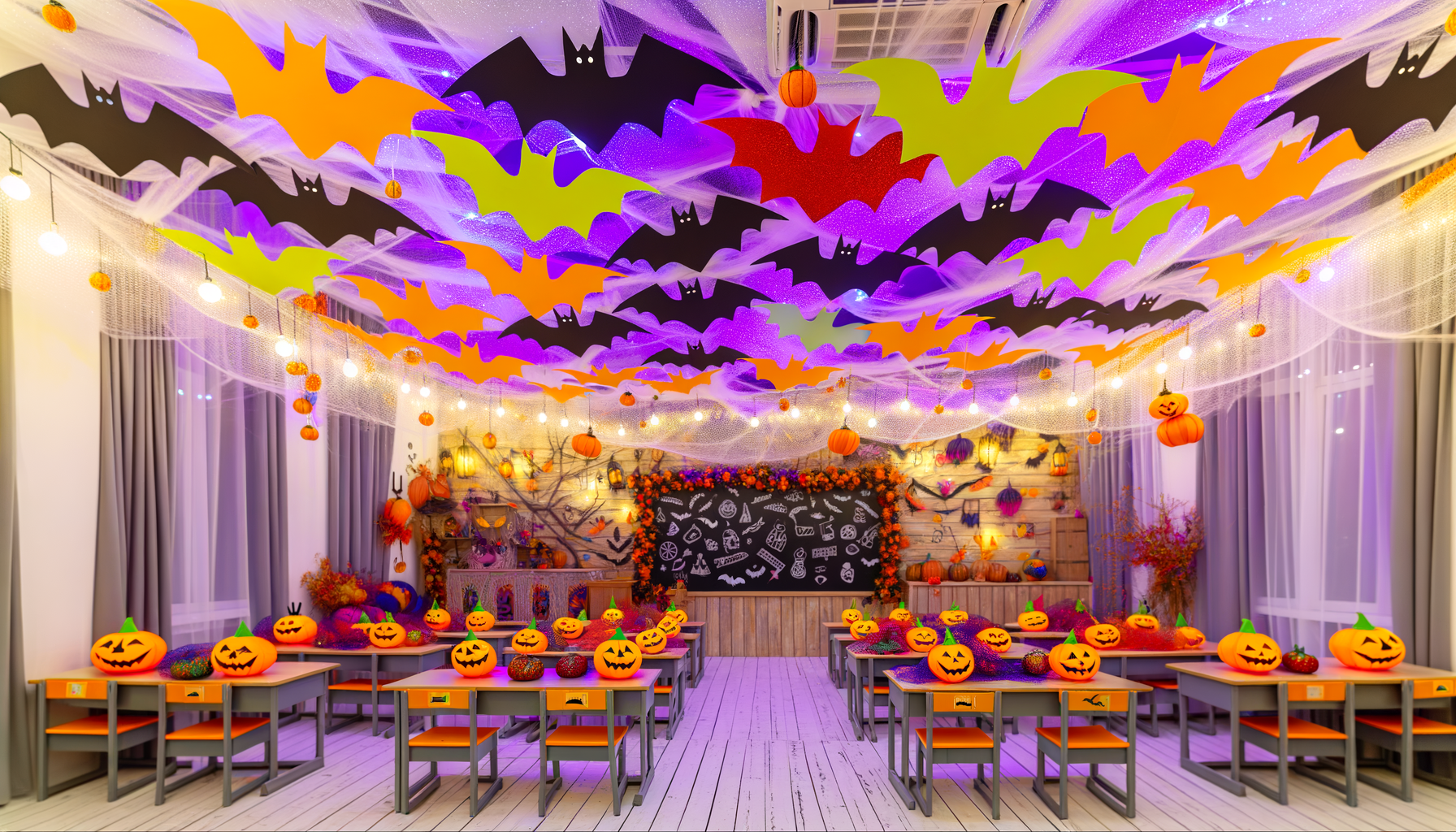 Spooky Halloween activities for teachers, classroom decorations with bats, pumpkins, cobwebs, and chalkboard.