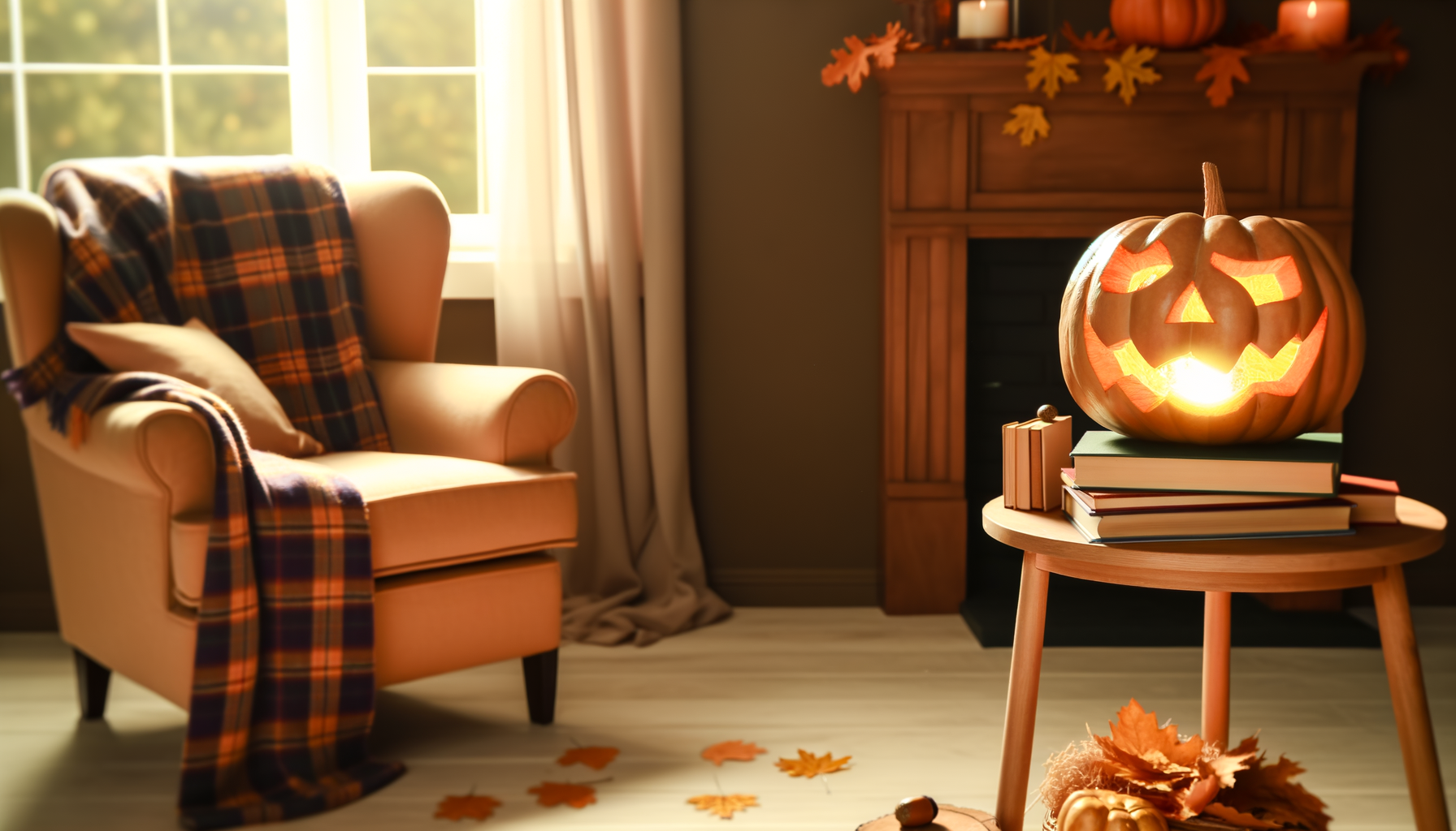 Cozy Christian Halloween-themed living room decor with carved pumpkin and fairy tale books.