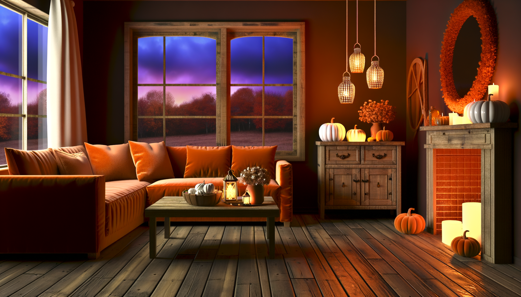 Cozy fall to Halloween living room decor with orange velvet couch and pumpkin accents.