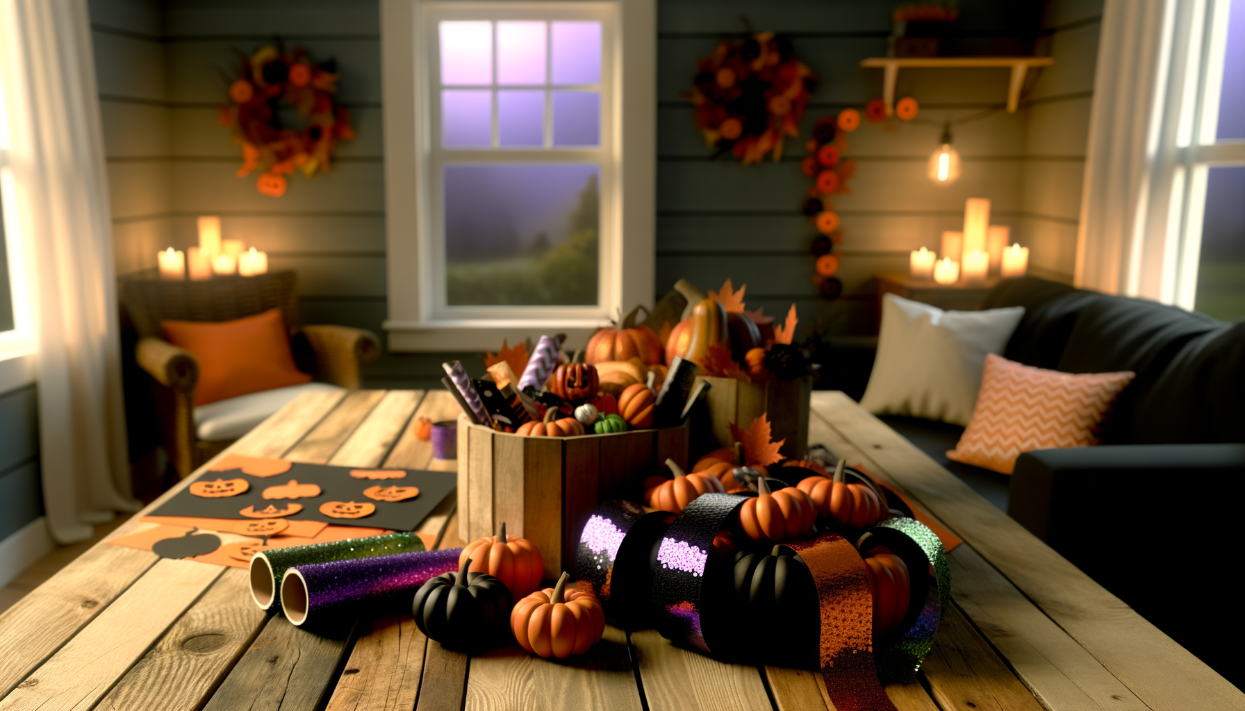 Enchanting Halloween DIY craft kits with vibrant supplies for cozy fall crafting retreat.